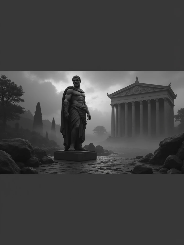 A dark landscape image of an ancient greek society deeply connected to stoicism, black and white, ancient greek architecture, include one single big statue of a stereotypical strong greek man, marcus aurelius 