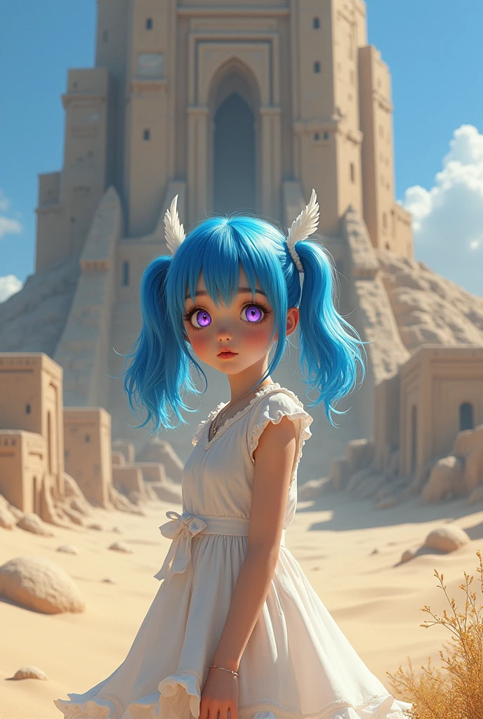Girl with blue pigtails, white dress and purple eyes in front of a tower in the desert