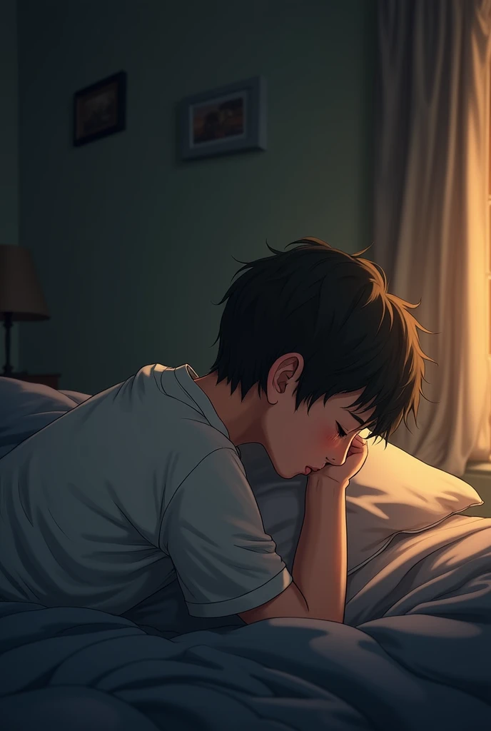 An  boy is lying in his bed and the view is from his back down 