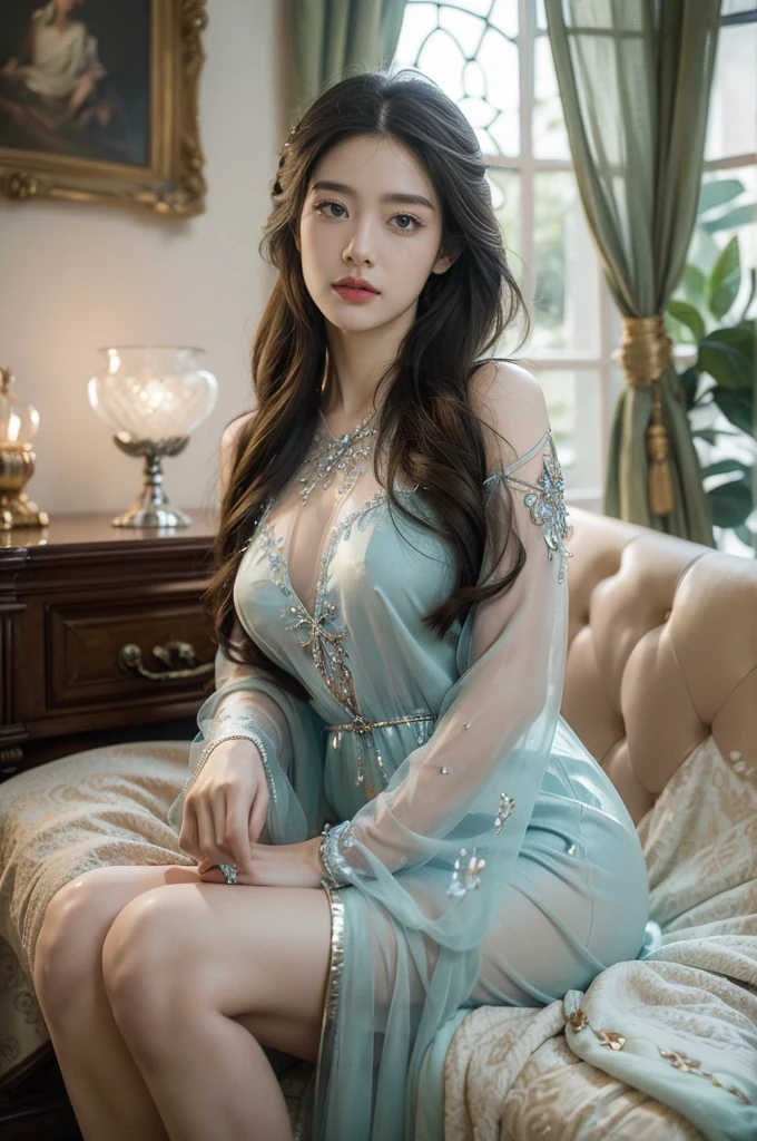 (((best quality))), (((ultra detailed))), (((masterpiece))), illustration, a girl,in a crystal palace bedroom, ethereal glow, soft light, intricate crystal decorations,blue crystal pajama dress, magical atmosphere, enchanting girl, shimmering fabric, bright eyes, wonder, luxury, fantasy, Crystal chandelier, warm glow, romantic atmosphere, dreamlike setting, beauty, otherworldly, magical space, reality and imagination blur, fairy tale scene, beautiful and enchanting