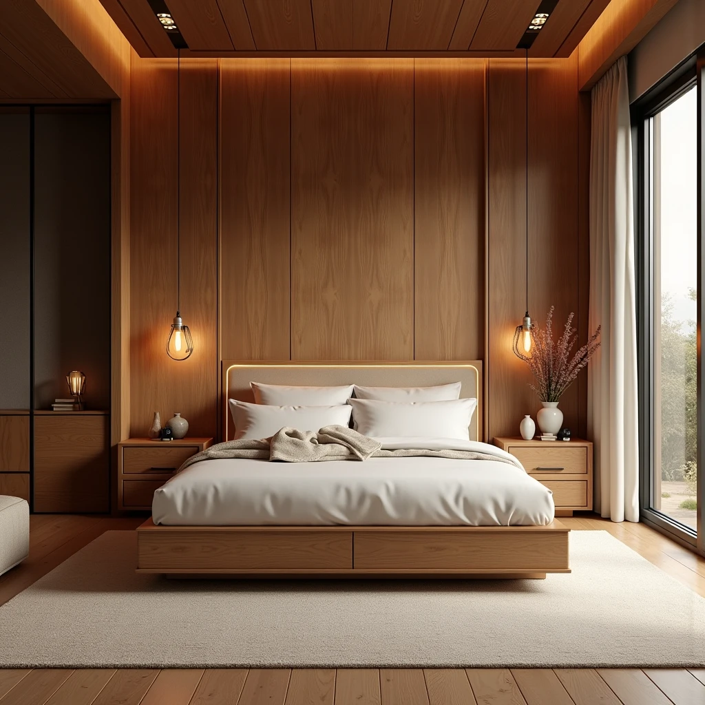 Make a stylish bedroom and wood colors, where you have a the bed,  ultra-realista , 8k