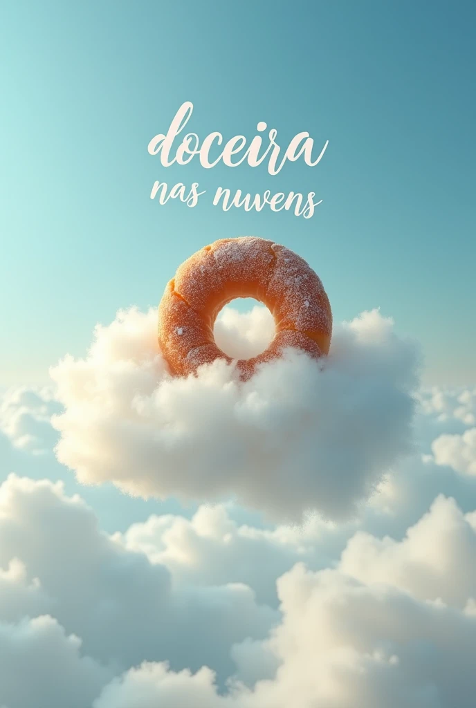 I would like a donut on a flying cloud with the name written “doceira nas nuvens” in Portuguese 