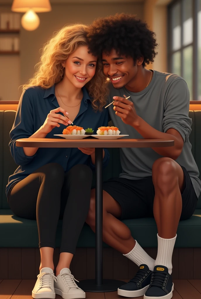 A woman with light brown eyes and curly blond hair, white skin, wearing a dark blue blouse and black pants, wearing white sneakers and black pants, smiling together with a man with black eyes and curly black hair, smiling with a gray blouse and black Lacoste shorts, wearing white socks and black and white details on his sneakers, both eating sushi in a restaurant, both .