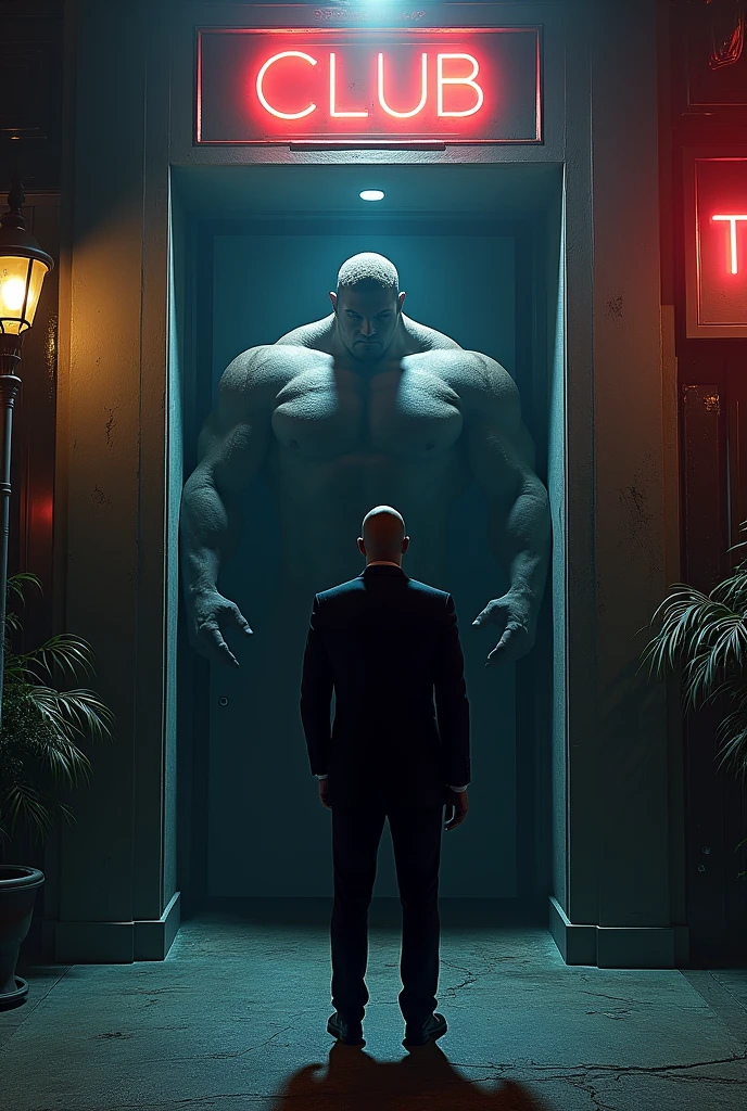Dante approaches the club door. A huge thug stops him.