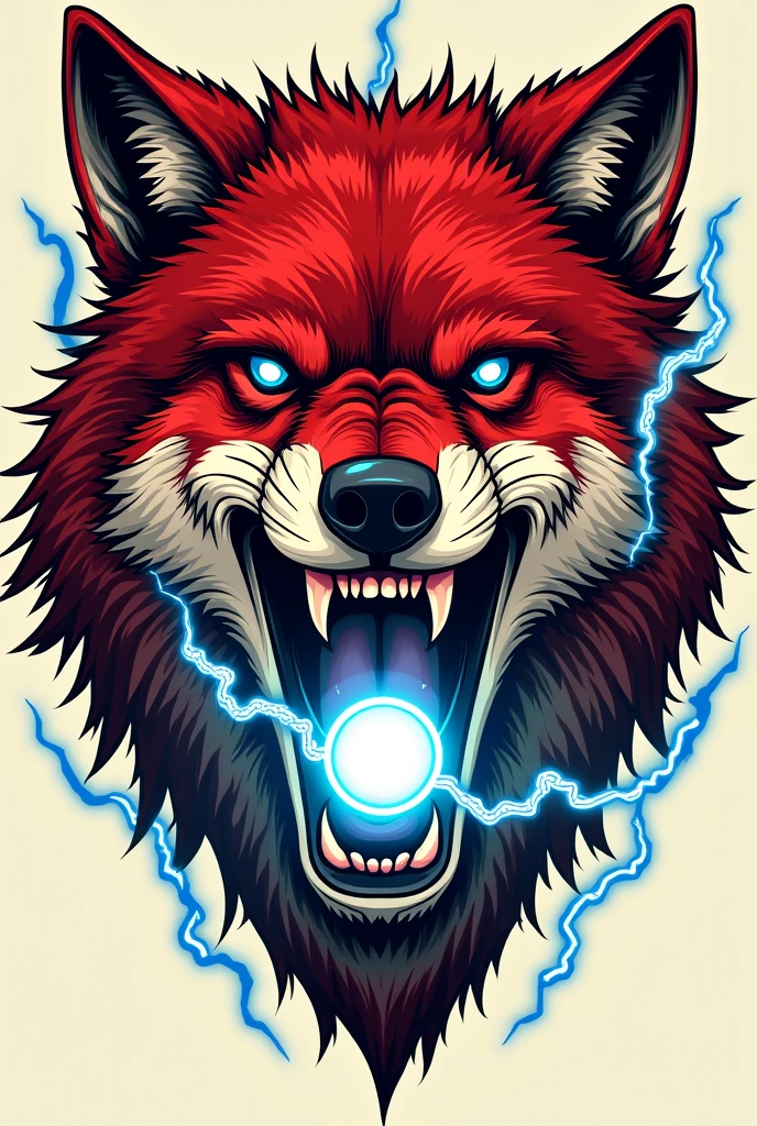 Illustration based on works by neotraditional and new school tattoo artists, It should be the face of a red wolf with its mouth open as if it were screaming and emitting a sphere of blue light from its mouth with some thunder coming out of the sphere of light  