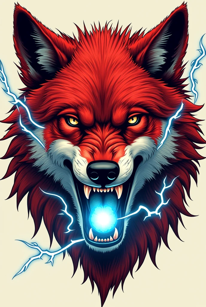 Illustration based on works by neotraditional and new school tattoo artists, It should be the face of a red wolf with its mouth open as if it were screaming and emitting a sphere of blue light from its mouth with some thunder coming out of the sphere of light