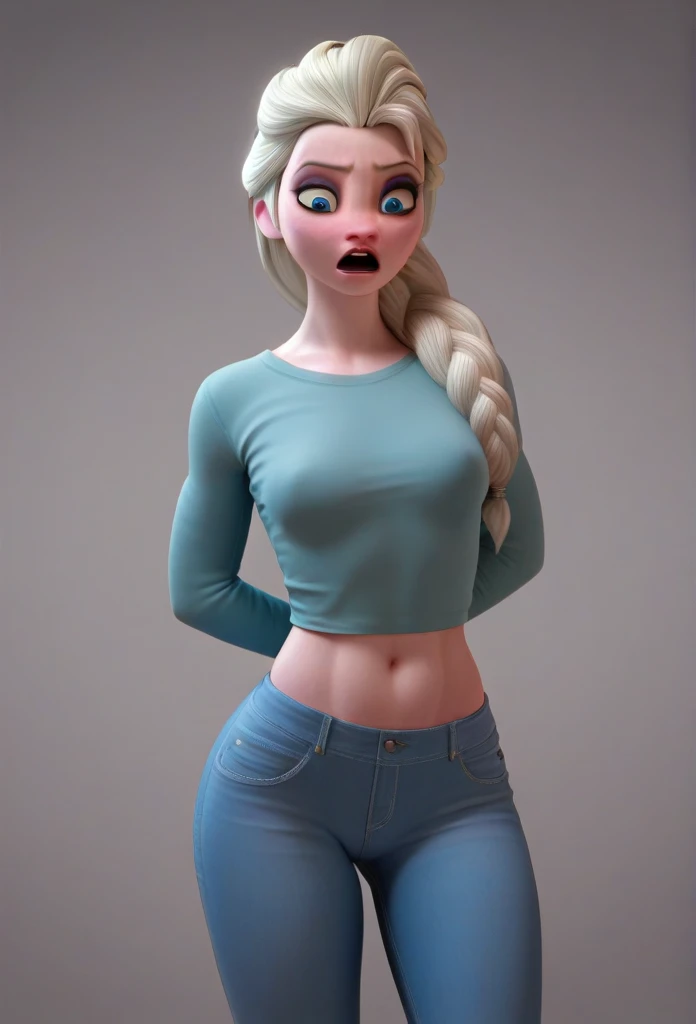 3D,tall surly slim faced surprised elsa literally gained a put on weight,,wearing tight jean,cold glances, fullbodyimage literaly gained a Pudgy Belly Wide Shot, She tries to button up her jeans, but she has difficulty because her stomach prevents her from buttoning her jeans,her jeans exposed her belly,