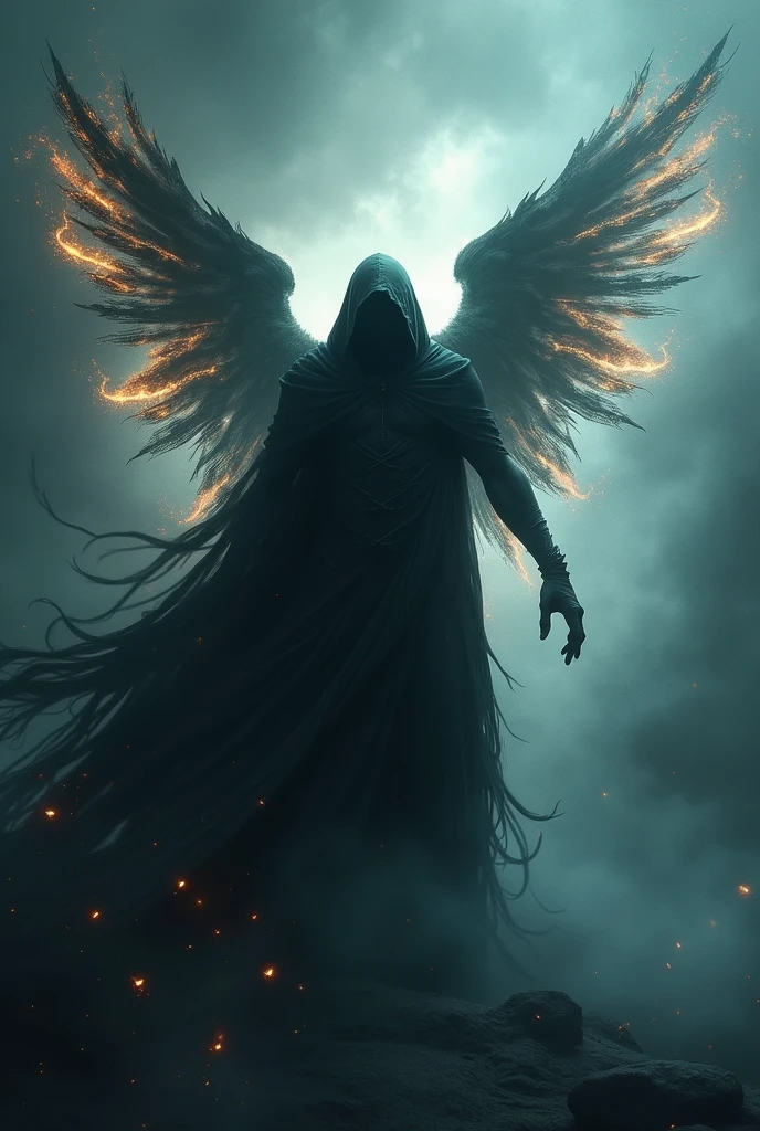 A high fantasy horror portrait of a shadowy, hooded celestial being with lights, Ablaze, spectral wings coming out of his back. white marmore