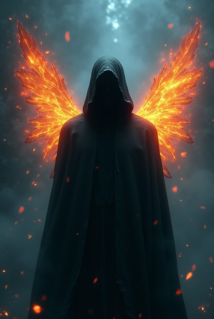 A high fantasy horror portrait of a shadowy, hooded celestial being with lights, Ablaze, spectral wings coming out of his back. white marmore