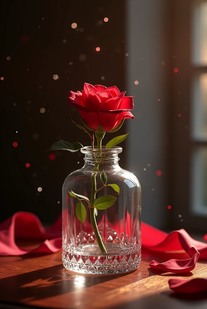 Gracias por las aclaraciones. A continuación, he reescrito y optimizado el prompt siguiendo tus indicaciones para asegurar que la imagen fotográfica realista tenga un impacto visual fuerte y transmita la atmósfera deseada.

---

**Prompt Optimizado:**

A photorealistic image featuring a frosted glass vase as the central element, elegantly shaped with soft curves that catch the light subtly. The vase holds a single, striking red rose with a long, visible stem covered in sharp, detailed thorns. The petals of the rose are richly textured, each one showing fine veins and delicate layers, adorned with dewdrops that glisten like pearls. These droplets are exceptionally luminous, giving off an unusual sparkle, enhancing the luxurious appearance of the flower.

The lighting is carefully crafted to highlight the intricate details—the frosted texture of the vase, the thorny stem of the rose, and the iridescent droplets. A soft spotlight casts subtle shadows that add depth and drama to the scene. 

In the background, a blurred yet evocative setup enhances the romantic ambiance—a dimly lit, intimate setting with soft, warm tones suggesting an evening for lovers. Faint silhouettes of elegant furnishings and soft candlelight create a sense of depth and a dreamy, almost ethereal atmosphere, perfectly framing the vase and the rose as symbols of love and passion.

---

Este prompt resalta tanto el jarrón de vidrio esmerilado como la rosa, con todos los detalles que mencionaste, y asegura un entorno que evoca romanticismo y elegancia.