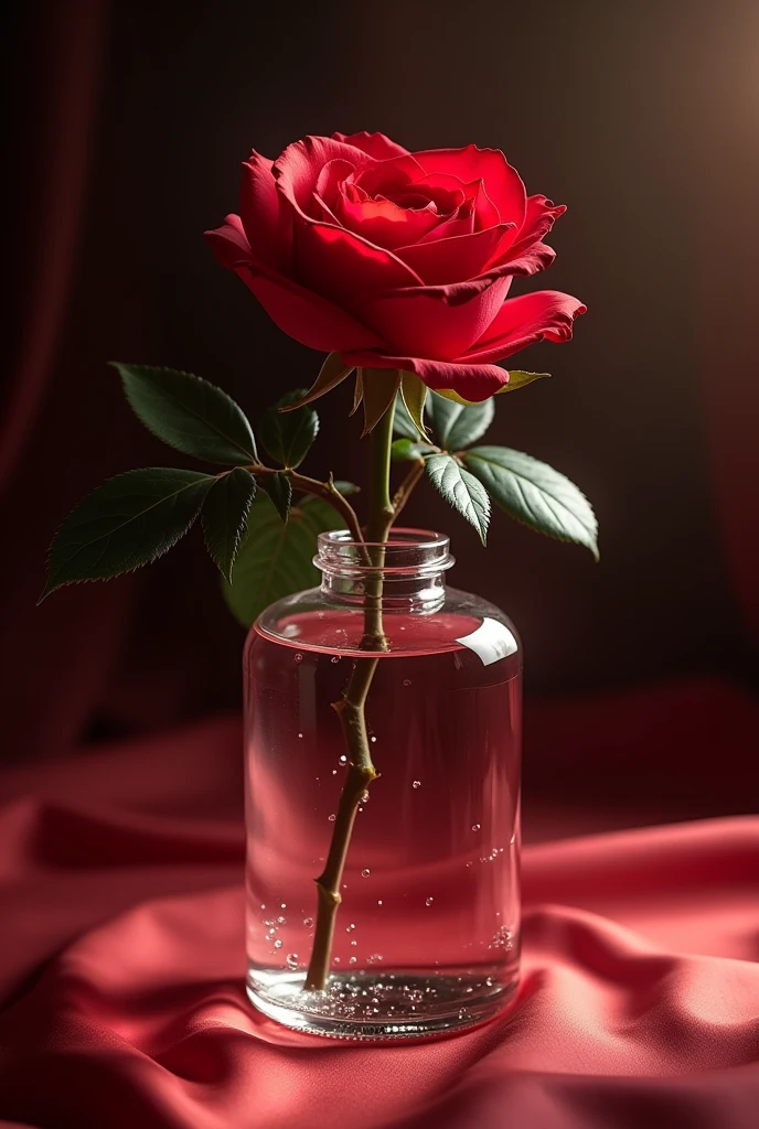 Gracias por las aclaraciones. A continuación, he reescrito y optimizado el prompt siguiendo tus indicaciones para asegurar que la imagen fotográfica realista tenga un impacto visual fuerte y transmita la atmósfera deseada.

---

**Prompt Optimizado:**

A photorealistic image featuring a frosted glass vase as the central element, elegantly shaped with soft curves that catch the light subtly. The vase holds a single, striking red rose with a long, visible stem covered in sharp, detailed thorns. The petals of the rose are richly textured, each one showing fine veins and delicate layers, adorned with dewdrops that glisten like pearls. These droplets are exceptionally luminous, giving off an unusual sparkle, enhancing the luxurious appearance of the flower.

The lighting is carefully crafted to highlight the intricate details—the frosted texture of the vase, the thorny stem of the rose, and the iridescent droplets. A soft spotlight casts subtle shadows that add depth and drama to the scene. 

In the background, a blurred yet evocative setup enhances the romantic ambiance—a dimly lit, intimate setting with soft, warm tones suggesting an evening for lovers. Faint silhouettes of elegant furnishings and soft candlelight create a sense of depth and a dreamy, almost ethereal atmosphere, perfectly framing the vase and the rose as symbols of love and passion.

---

Este prompt resalta tanto el jarrón de vidrio esmerilado como la rosa, con todos los detalles que mencionaste, y asegura un entorno que evoca romanticismo y elegancia.