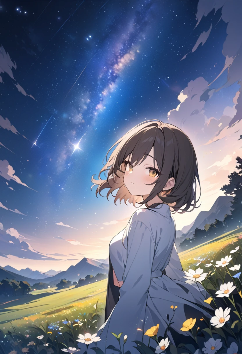 A girl on a meadow,Brown and black medium hair,Many stars shining in the wide sky,Shining Star,milky way,full moon,I look up and see,Wildflowers are in full bloom,Pure World,masterpiece,Highest quality,最高masterpiece,Detailed anime art,Digital Art,