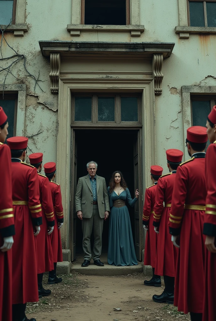 Make me a picture of a very old house with a man and a woman at the door and outside 10 people dressed in red like army people dressed elegantly and there is a text saying in English we can&#39;t stay with our arms crossed