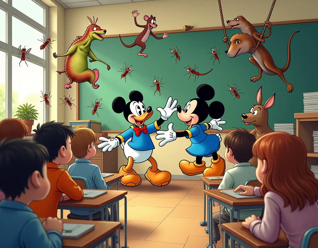 Elementary school children in the classroom watch Donald Duck dancing with Mickey Mouse as a dinosaur walks through the door while a rat enters singing, and some ants climb the back wall, A monkey swings and jumps and a kangaroo hits him