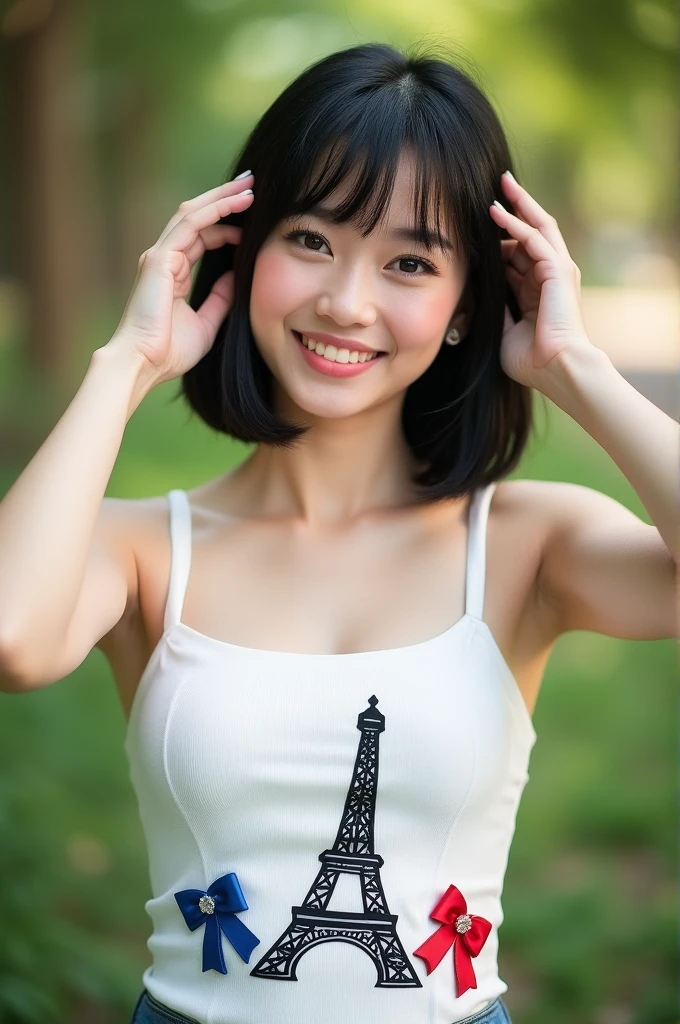 The photo shows a Vietnamese woman with short bob haircut and black bangs standing outdoors, posing with her hands on her head, wearing a white tank top with the Eiffel Tower and red ribbon motifs, and gray bikini shorts.