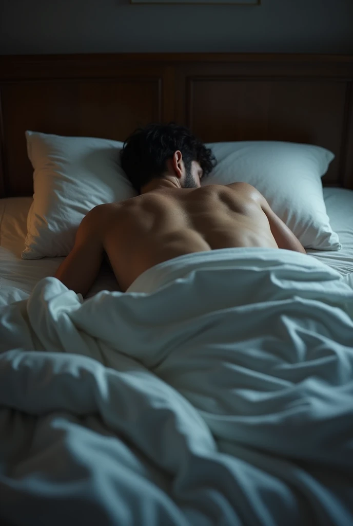A man lying in his bed and the view is from his back down