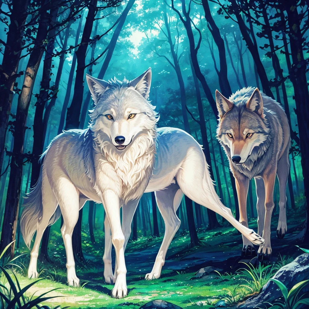 A forest clearing with a wolf with Alcohol Ink and a splash background