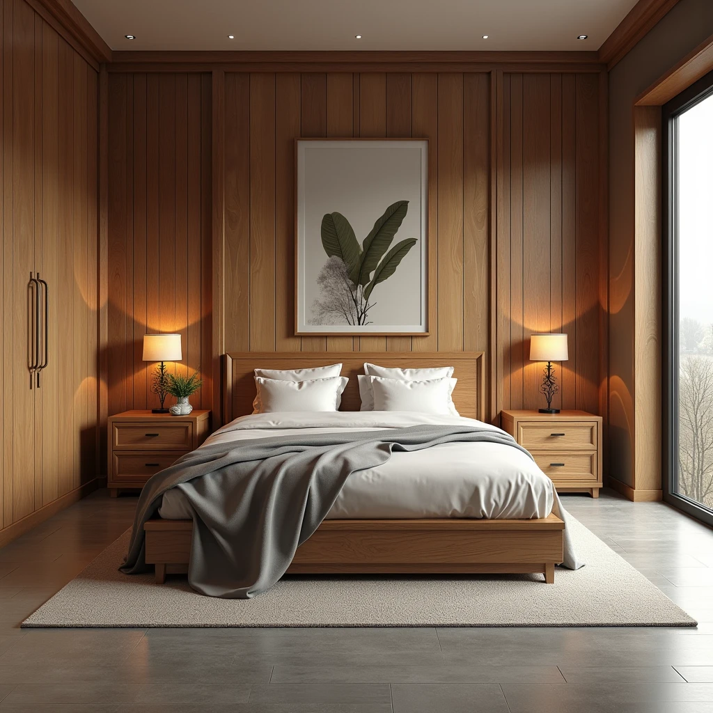Make a stylish bedroom and wood colors, where you have a the bed,  floor grey ,ultra-realista , 8k
