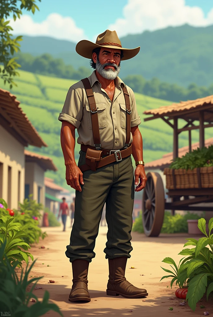 Create a visual buyer persona for Carlos Ramirez with the following information:
Name: Carlos Ramirez Age: 40 years Location: Farm on the outskirts of Pijao, Colombia Marital Status: Married Children: Two children Occupation: Owner of a farm Income: Media (approximately $25,000 - $40,000 annually)
Context and Experience:
Carlos is the owner of a farm on the outskirts of Pijao, where he grows various agricultural products.
He sells his products in the square of Pijao, which is an important part of your business activity.
Motivations:
Cost: Looking for an economical workhorse to reduce costs and improve efficiency in managing your farm?.
utility: You need a sturdy, reliable horse that can help transport produce and supplies on and off the farm..
Sustainability: He prefers a horse that can contribute to the sustainability of his farm., since the use of animals for transport is a traditional and economical practice in their area.
challenges:
Limited Budget: Although he has an average income, You need to carefully manage your budget to acquire a horse that is economical yet functional..
Maintenance and Care: You are concerned about finding a horse that is cheap but in good health, and requires less expenses in care and maintenance.
Frustrations:
Quality vs.. Price: Have you had trouble finding pack horses that are affordable and at the same time of good quality?, Durable and in good condition.
Availability: Are you having difficulty finding pack horses in your area that meet your specific requirements and at an affordable price?.
Representative Quote: "I am looking for an affordable and reliable packhorse to help me with farm work and transporting my produce to the market in Pijao.."
Design Instructions:
Visualize Carlos Ramirez: It shows a 40-year-old man, dressed in typical agricultural work clothes of the region.
around: Includes a farm with agricultural crops and a market