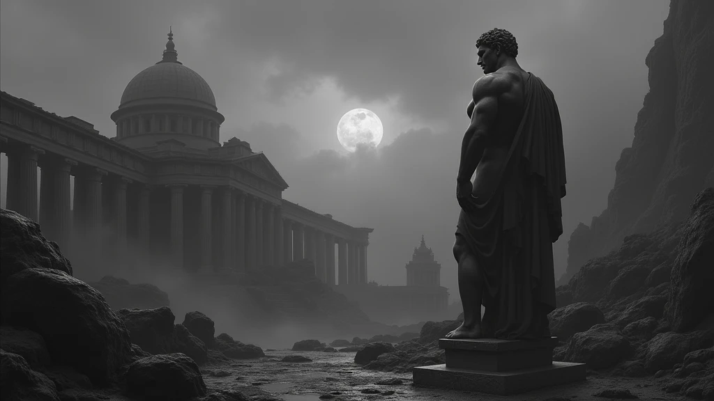 A dark landscape image of an ancient greek society deeply connected to stoicism, black and white, ancient greek architecture, include one single big statue of a stereotypical strong greek man, marcus aurelius
