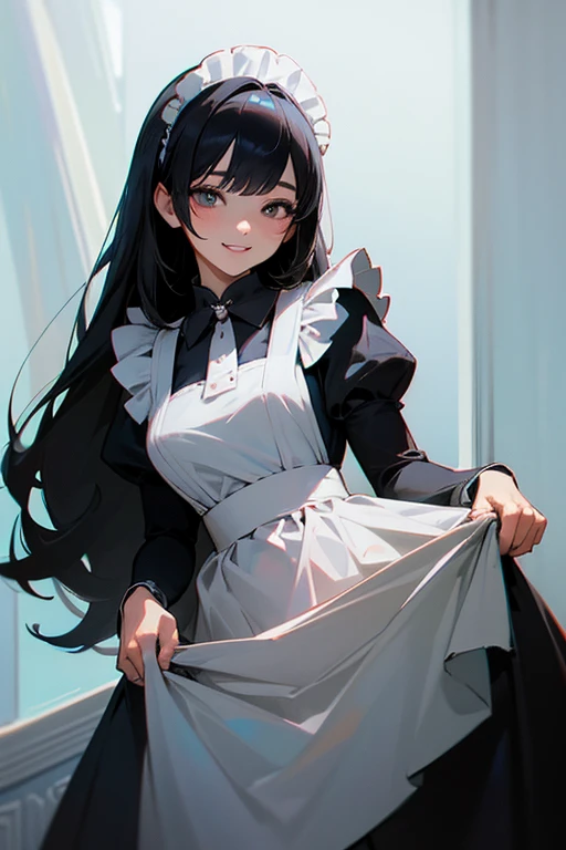 (Highest Resolution, clear_image) Highest quality, single, One woman, alone, masterpiece, Very detailed, Semi-realistic, Black Hairのショートヘア, Black Hair, bangs, 1, mature, Light blue , Indoor Background, kind, Authoritative, Powerful, exquisite features, exquisite features、Eyelashes become longer、Showing teeth、smile😀、Maid clothes、woman'Fingers in the、Sleeping on the sofa、Long Hair、Fluttering in the wind、((Change of clothes)).