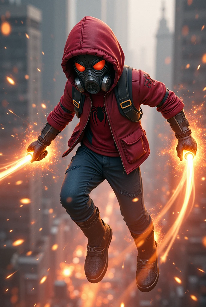 Young Star-lord with red hoodie, headphones, star-lord helmet, gas helmet, covered mouth, round red eyes, Red eyes, magic rings in the hands and rocket boots, Vs. Spider man, Fighting, power, fiction, full body, 3 person, magic lasso, flying in the sky, hight, fall, fire in boots, poweful spells, fighting, realistic, helmet, mask, red cape