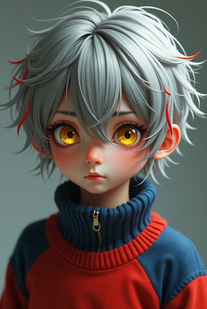 a boy with gray hair and red dye and yellow dye, yellow eyes, red and blue sweater