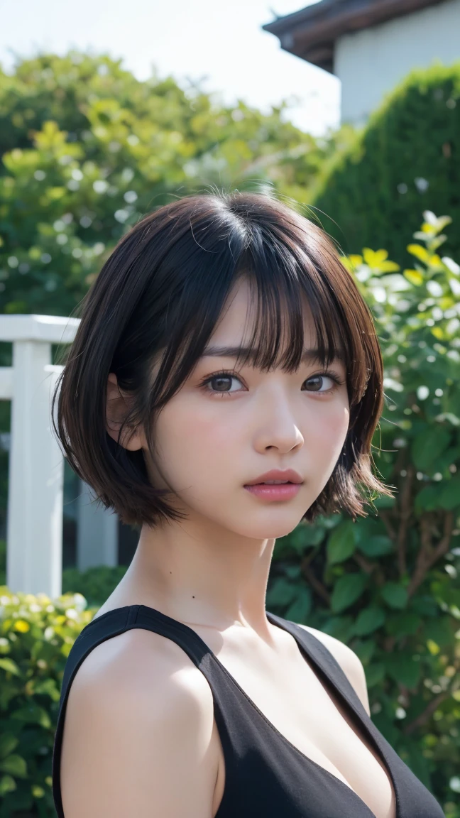 (High resolution:1.3), (16K, Photorealistic, RAW Photos, Best image quality: 1.4), Japanese, (1peopleの少女), Beautiful Face, (A vivid face), (Black-haired、short hair:1.3), Beautiful hairstyle, Realistic eyes, Beautifully detailed eyes, (Realistic Skin), Beautiful skins, Charm, 超High resolution, Surreal, Attention to detail, Golden Ratio, Plein Air, the wind is strong, From below,１people、 Half Body Shot,Highly detailed cute girl,(20-year-old)、 dress、