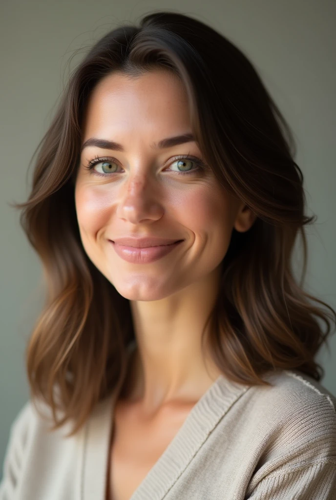 A 30-year-old nutritionist, realistic and brunette
