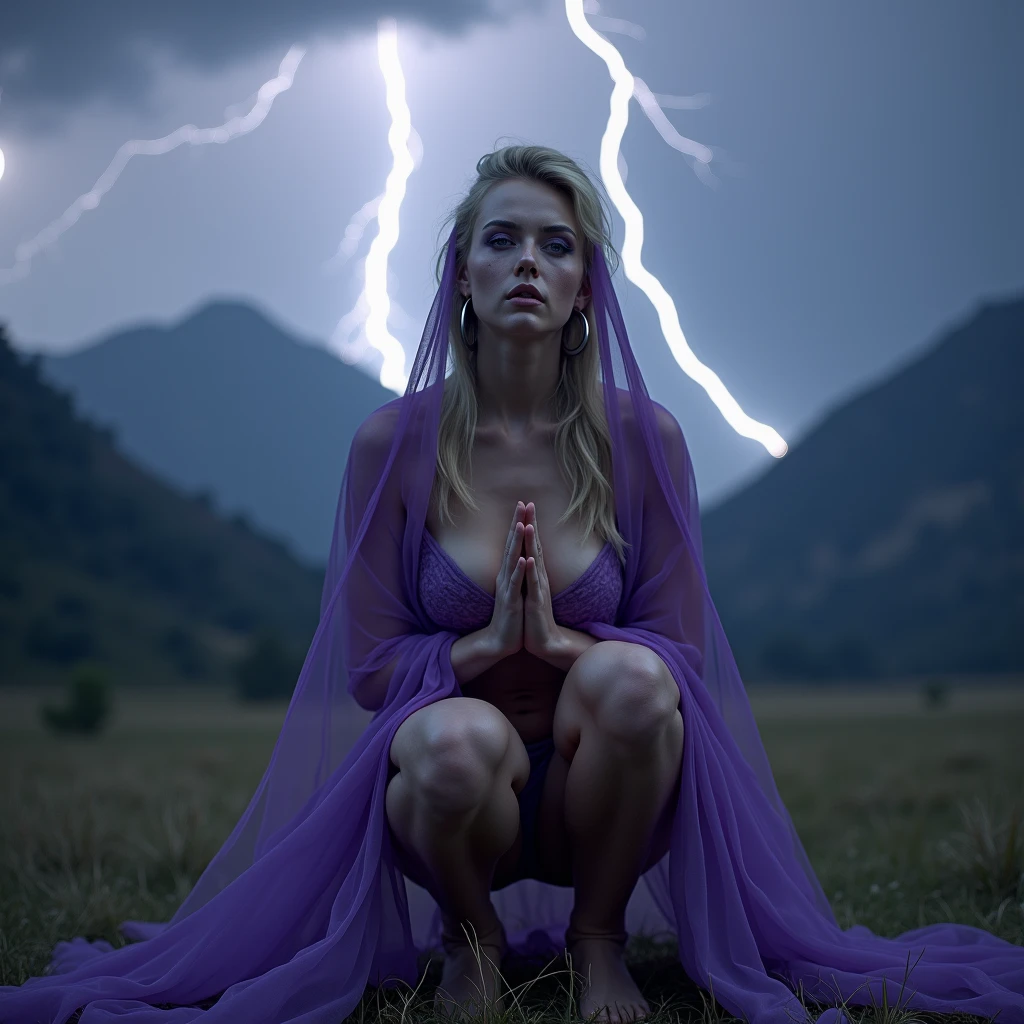 1 extremely gorgeous and seductive nubile Russian sorceress, wearing original series Star Trek eye makeup, and eyes wide open in mindless stare and arms raised in prayer to her deity, and she's covered from the shoulder down by a purple gossamer body veil while wearing an erotic harem sorceress regalia, and doing extreme squatting, 3:4 full frontal body portrait, ((merge and use young faces of Alice Eve and Rila Fukushima into best 50/50 blend)), (eyes wide open, wide open eyes, blank stare, best detailed face, best lifelike face, best lifelike nose and eyes), Grecian upstyle hairstyle with high standing ponytail, pucker lips, pale snowy colored skin, huge hoop earrings, bodacious, playboy playmate archetype, perfect bikini body, (((massive breasts))), sweaty, show cameltoe, show underboobs, mindless facial expression, deeply hypnotized facial expression, deeply entranced facial expression, ((primeval backdrop with Intense lightning strikes and severe thunderstorms towering over misty mountains)), (RAW Photo, 12K, best quality, best masterpiece, hires, best realism, best photorealism, vivid colors and natural outdoor lighting)