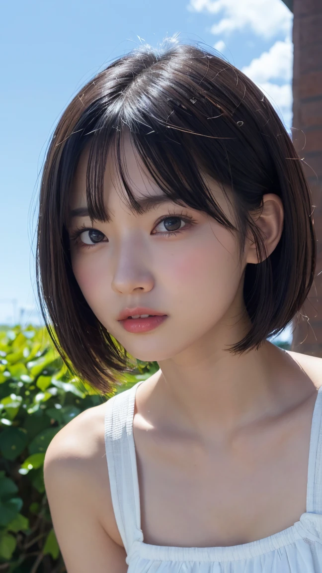 (High resolution:1.3), (16K, Photorealistic, RAW Photos, Best image quality: 1.4), Japanese, (1peopleの少女), Beautiful Face, (A vivid face), (Black-haired、short hair:1.3), Beautiful hairstyle, Realistic eyes, Beautifully detailed eyes, (Realistic Skin), Beautiful skins, Charm, 超High resolution, Surreal, Attention to detail, Golden Ratio, Plein Air, the wind is strong, From below,1people、 Half Body Shot,Highly detailed cute girl,(20-year-old)、 dress、