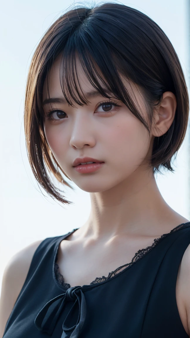 (High resolution:1.3), (16K, Photorealistic, RAW Photos, Best image quality: 1.4), Japanese, (1peopleの少女), Beautiful Face, (A vivid face), (Black-haired、short hair:1.3), Beautiful hairstyle, Realistic eyes, Beautifully detailed eyes, (Realistic Skin), Beautiful skins, Charm, 超High resolution, Surreal, Attention to detail, Golden Ratio, Plein Air, the wind is strong, From below,1people、 Half Body Shot,Highly detailed cute girl,(20-year-old)、 dress、