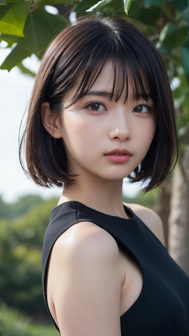 (High resolution:1.3), (16K, Photorealistic, RAW Photos, Best image quality: 1.4), Japanese, (1peopleの少女), Beautiful Face, (A vivid face), (Black-haired、short hair:1.3), Beautiful hairstyle, Realistic eyes, Beautifully detailed eyes, (Realistic Skin), Beautiful skins, Charm, 超High resolution, Surreal, Attention to detail, Golden Ratio, Plein Air, the wind is strong, From below,1people、 Half Body Shot,Highly detailed cute girl,(20-year-old)、 dress、