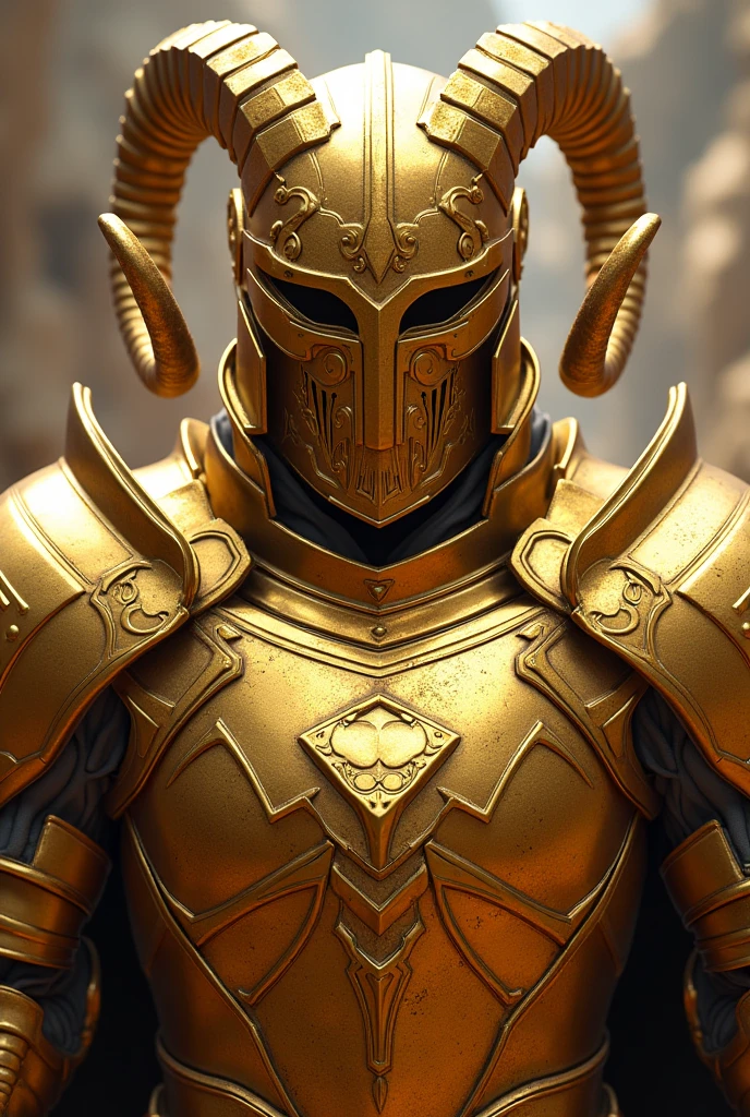 Create a realistic image of the Aries Gold Armor, inspired by the series 'Knights of the Zodiac'. The armor must be golden, with an imposing and detailed design that refers to the symbol of Aries, the ram. Include stylized elements like ram's horns on the helmet and geometric patterns that represent strength and bravery.. Add realistic textures to enhance the shine and depth of gold, with a polished and robust finish. The armor should have a robust and warlike appearance., with metal plates that provide a sense of protection and power. The background can be an epic setting, like a battlefield or a celestial environment, to complement the character's majestic presence."