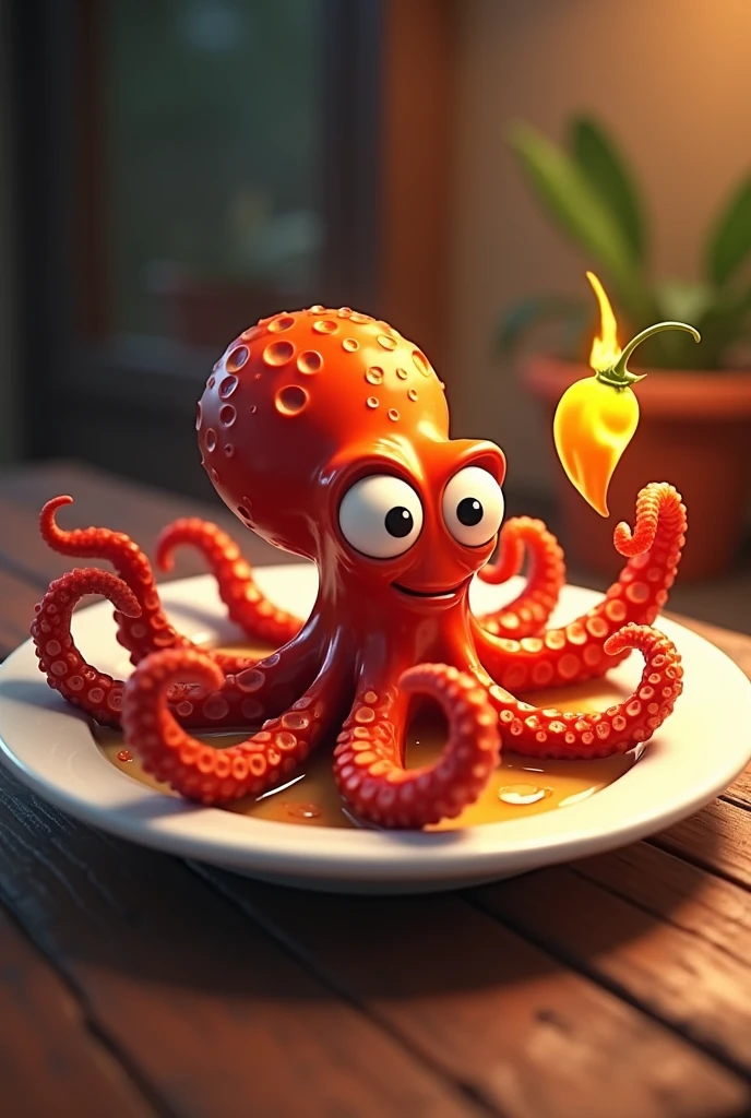 an animated logo of spicy octopus on a plate for eating yellow habanero chili from Yucatan
