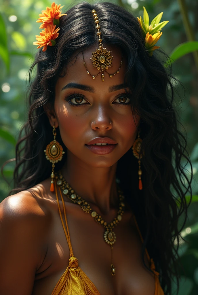 Create the image of the goddess of love from Brazilian indigenous culture, skin black, sultry posing.