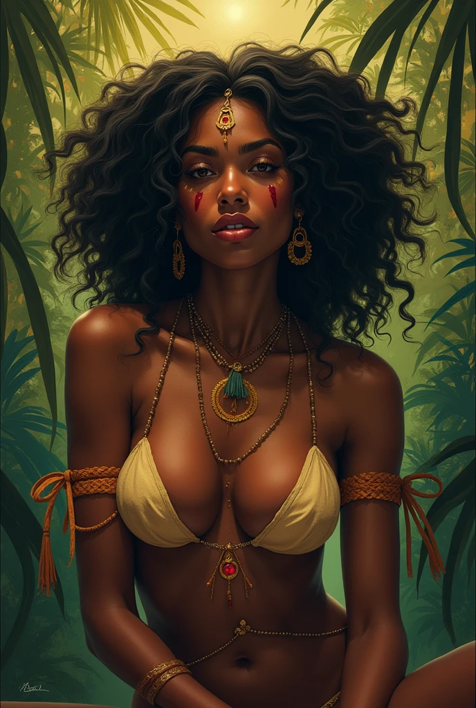 Create the image of the goddess of love from Brazilian indigenous culture, skin black, sultry posing.