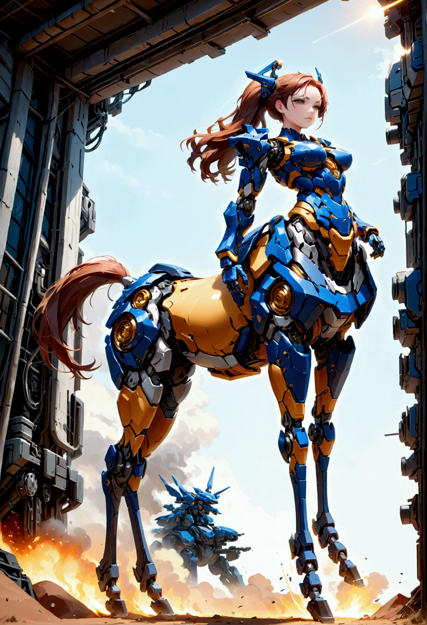 masterpiece, best quality, a portray of a woman ,fictional character, female centaur, lower body, extremely detailed, sci-fi,(mecha musume:1.2)