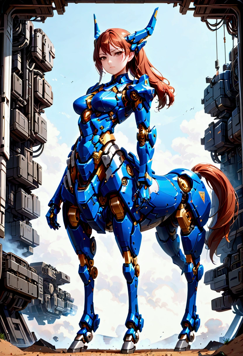 masterpiece, best quality, a portray of a woman ,fictional character, female centaur, lower body, extremely detailed, sci-fi,(mecha musume:1.2)