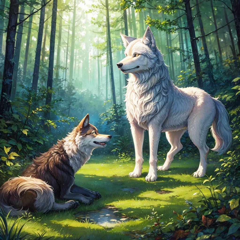 A forest clearing with a wolf with Alcohol Ink and a splash background