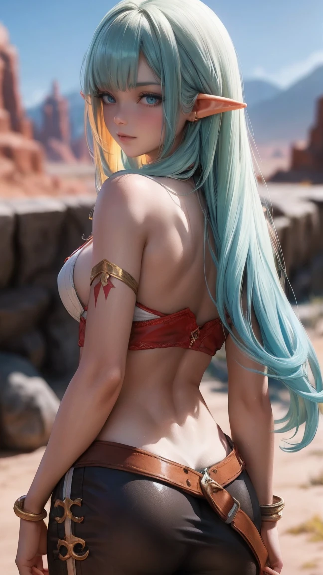 Ariel, upper body portrait, elf, beautiful, slave clothes, sex slave, midriff, fit, long hair, cowboy shot, rear view looking back, desert background, realistic fantasy ,concept art