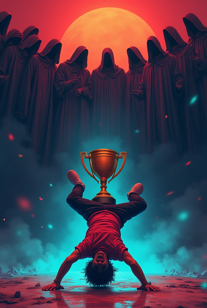 I want a vertical poster that represents a competition where there is corruption. The protagonist will be falling face down. In the middle of the composition there will be a trophy and at the top a group of people gathered together in a darker tone., The person is falling into a void, The people above have their faces covered and a rap competition do it in a cartoon style 