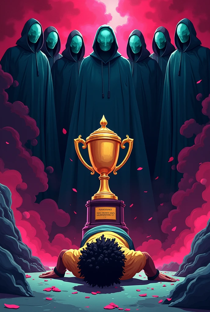 I want a vertical poster that represents a competition where there is corruption. The protagonist will be falling face down. In the middle of the composition there will be a trophy and at the top a group of people gathered together in a darker tone., The person is falling into a void, The people above have their faces covered and a rap competition do it in a cartoon style 
