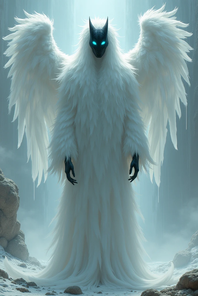 futuristic ghost like creature, pitch black undetailed face,blue slit eyes, no mouth, white furr and wings, full body picture