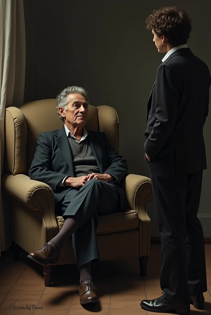 Emil Cioran sitting in an armchair with a person in front of him saying goodbye