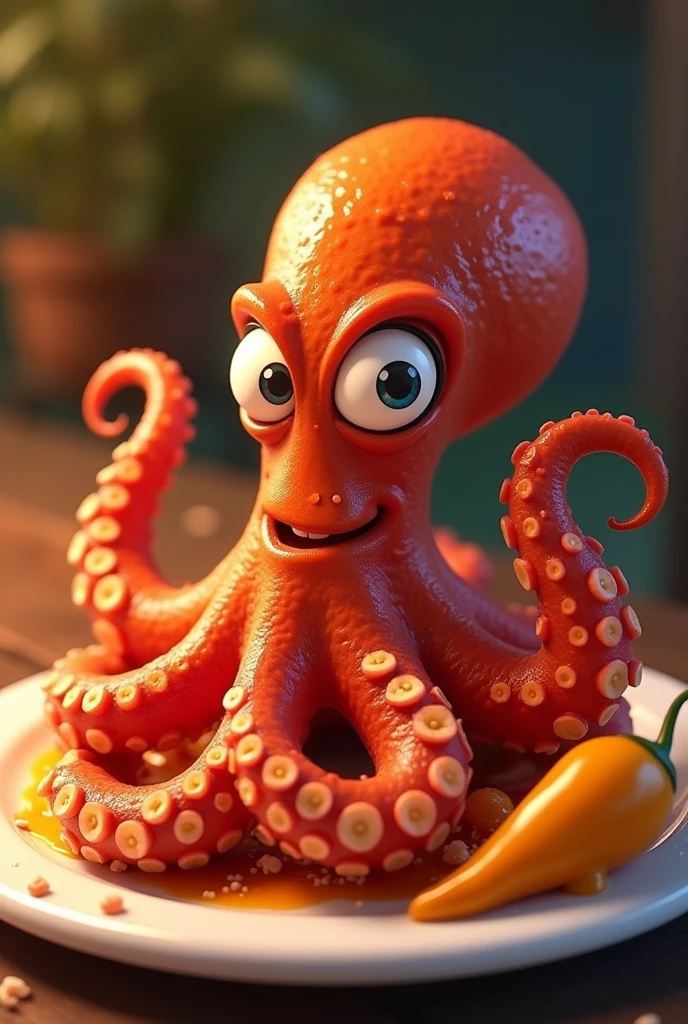 an animated logo of spicy octopus on a plate for eating yellow habanero chili from Yucatan