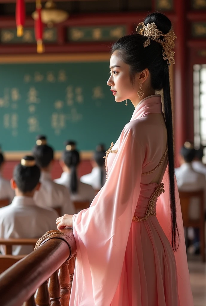 In the full Tang Dynasty, a beautiful princess in a light pink dress, full of Tang Dynasty official regalia, stands on the edge of a balcony looking at the academy where scholars are sitting and reading poetry on the blackboard in front of the classroom.