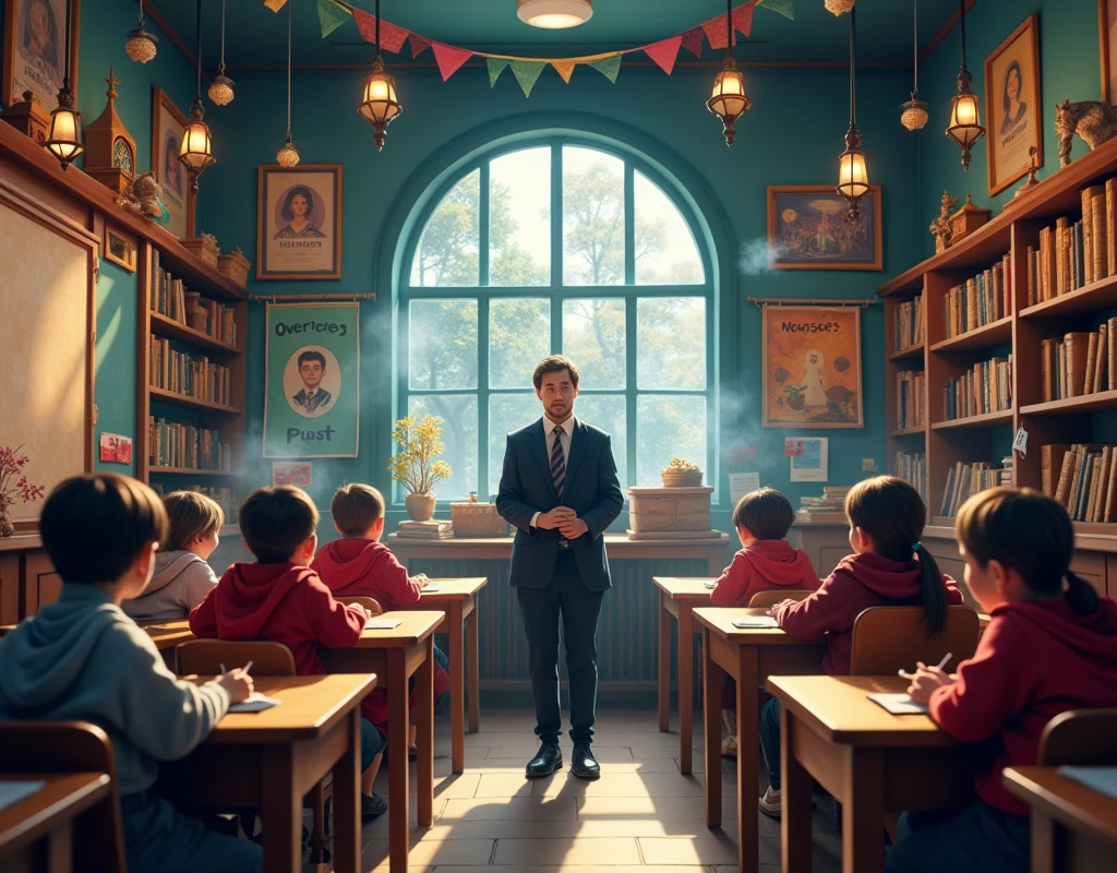 Horizontal image of an elementary school classroom with a teacher in formal attire and students. A fun class with a Harry Potter theme, with the four houses of hogwarts