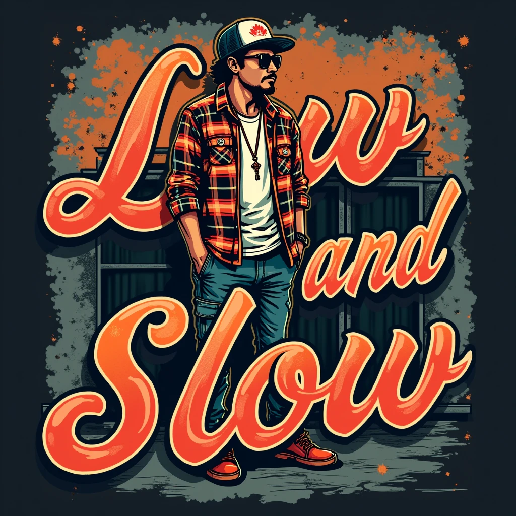 Design a logo for a t-shirt called "Low and Slow" vector style The text "Low and Slow" should be rendered in a stylized, cursive script with the words "Low" written in a larger, more prominent font, The logo should have a cartoon of a chicano gangster man with a penedleton shirt and baggie pants low rider style The overall aesthetic should be raw, edgy, and attention-grabbing, blending the worlds of street art and high-fashion. gangster style