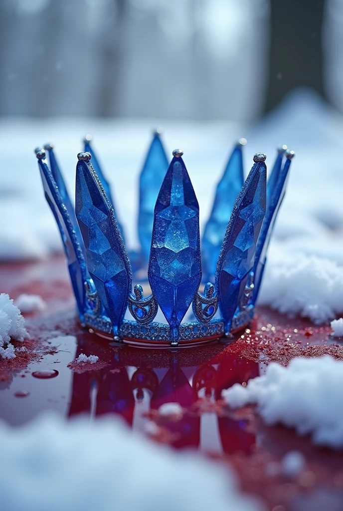 Make a whole sapphire crown in the snow with blood dripping from it staining the snow